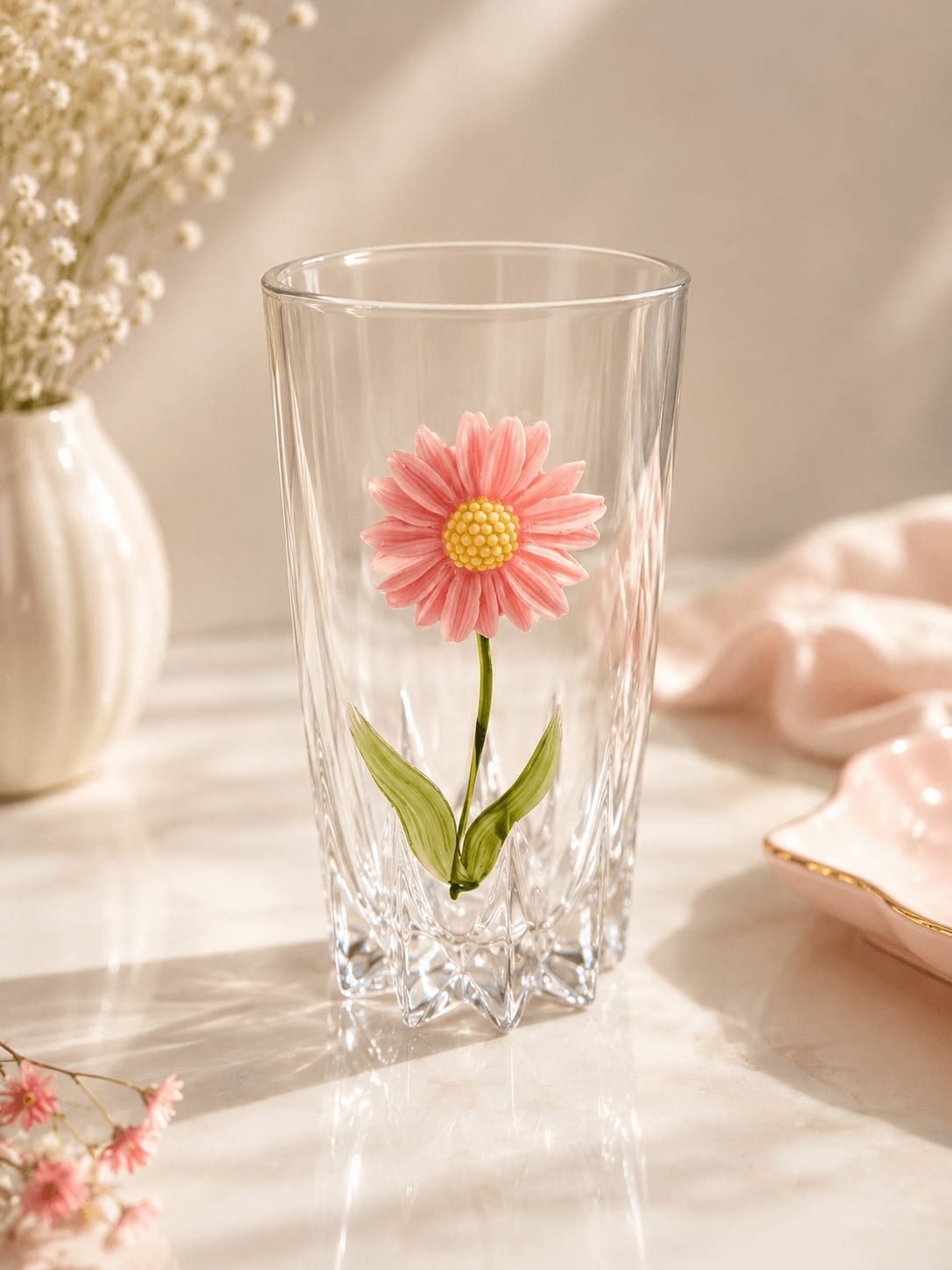 Copo de Vidro Decorativo Margarida Rosa 3D