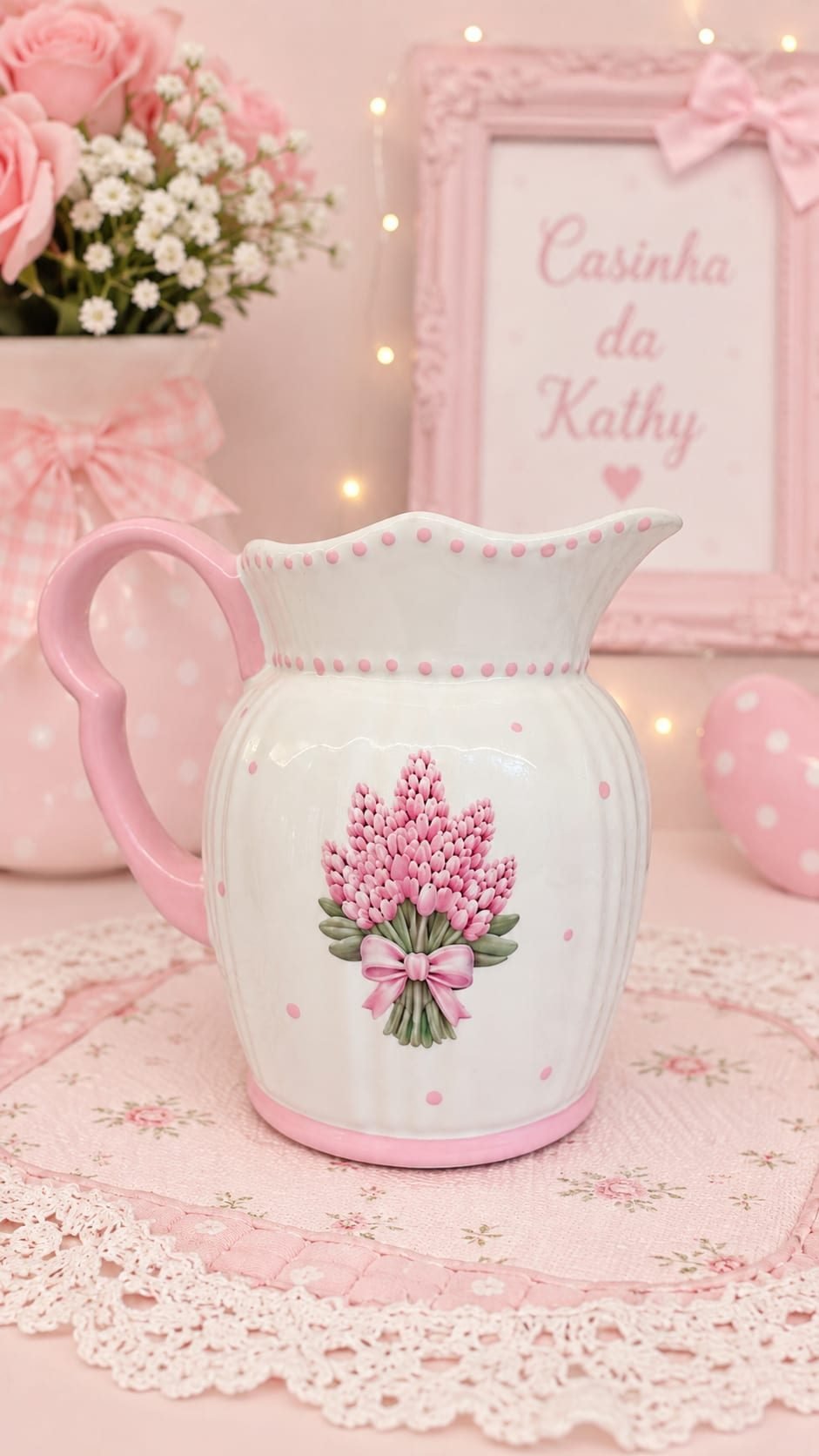 Jarra Decorativa Cerâmica Buquê Floral Rosa Shabby Chic