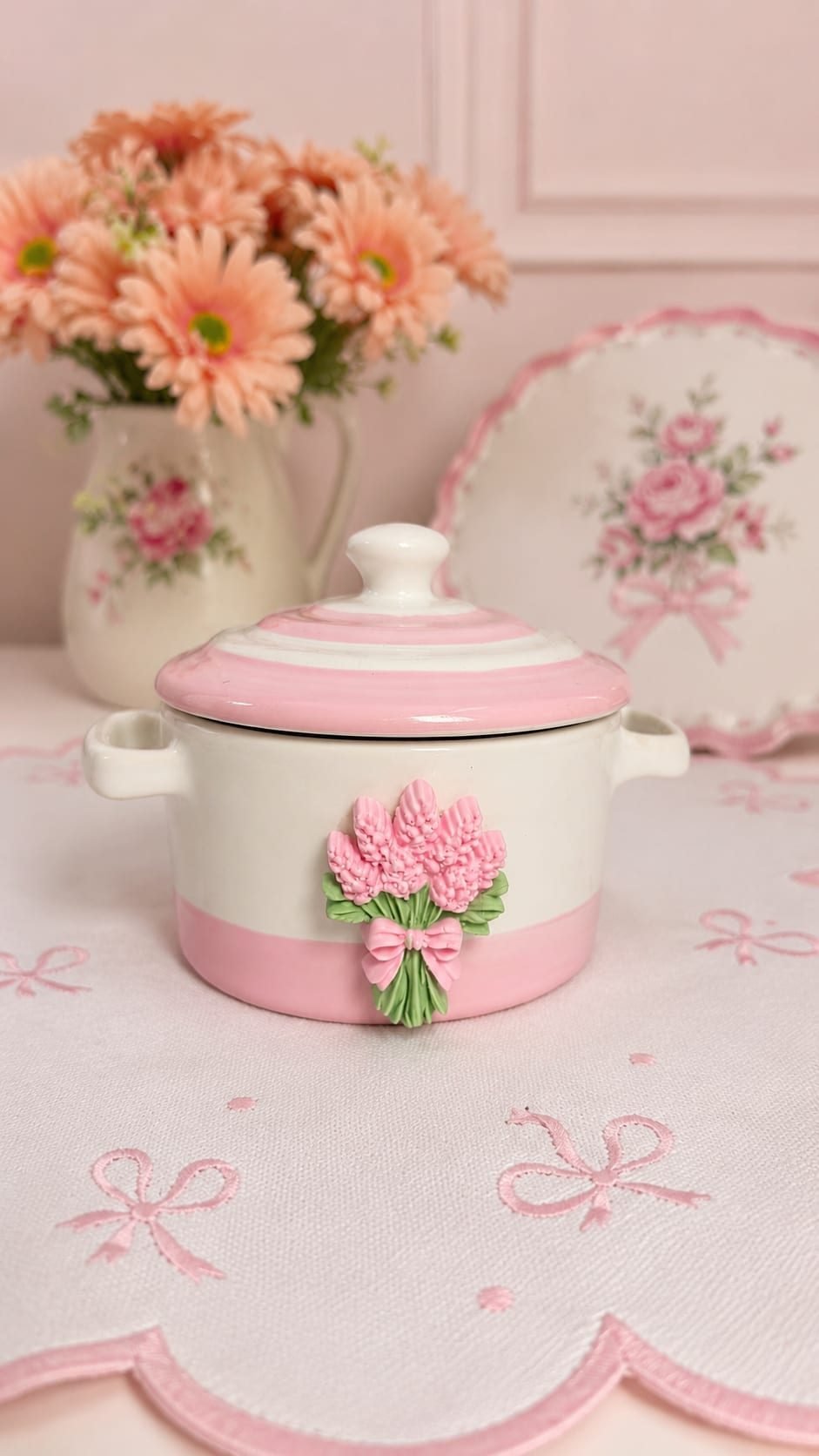 Mini Caçarola Decorativa Buquê Floral Rosa e Branco