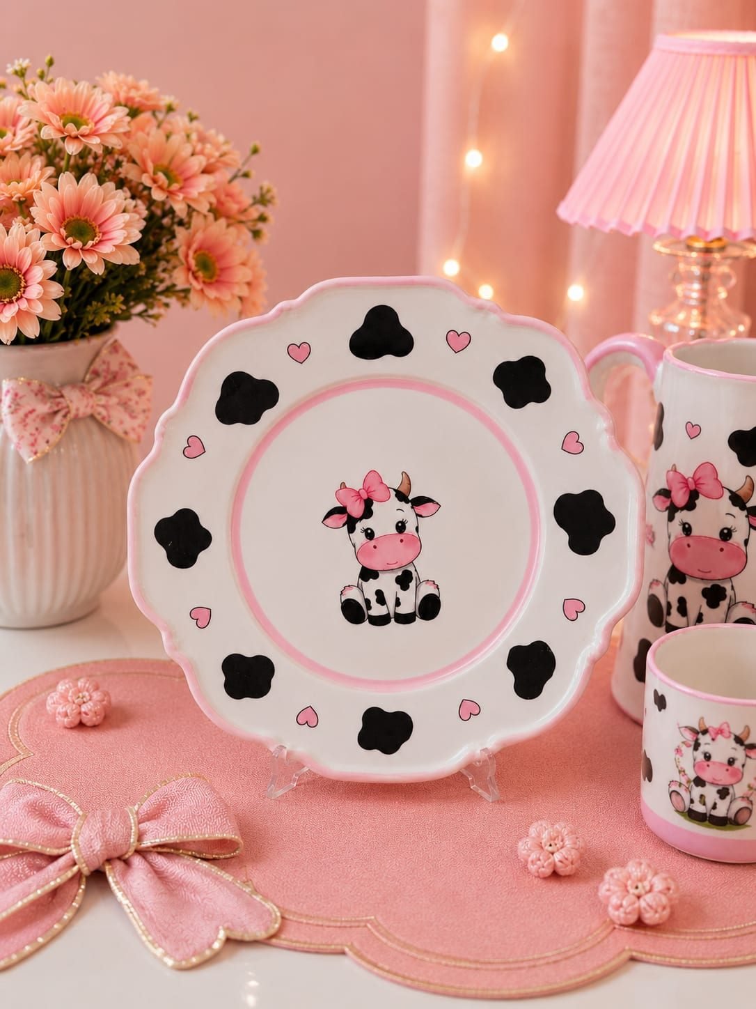 Prato de Cerâmica Decorativo Vaquinha com Laço Rosa