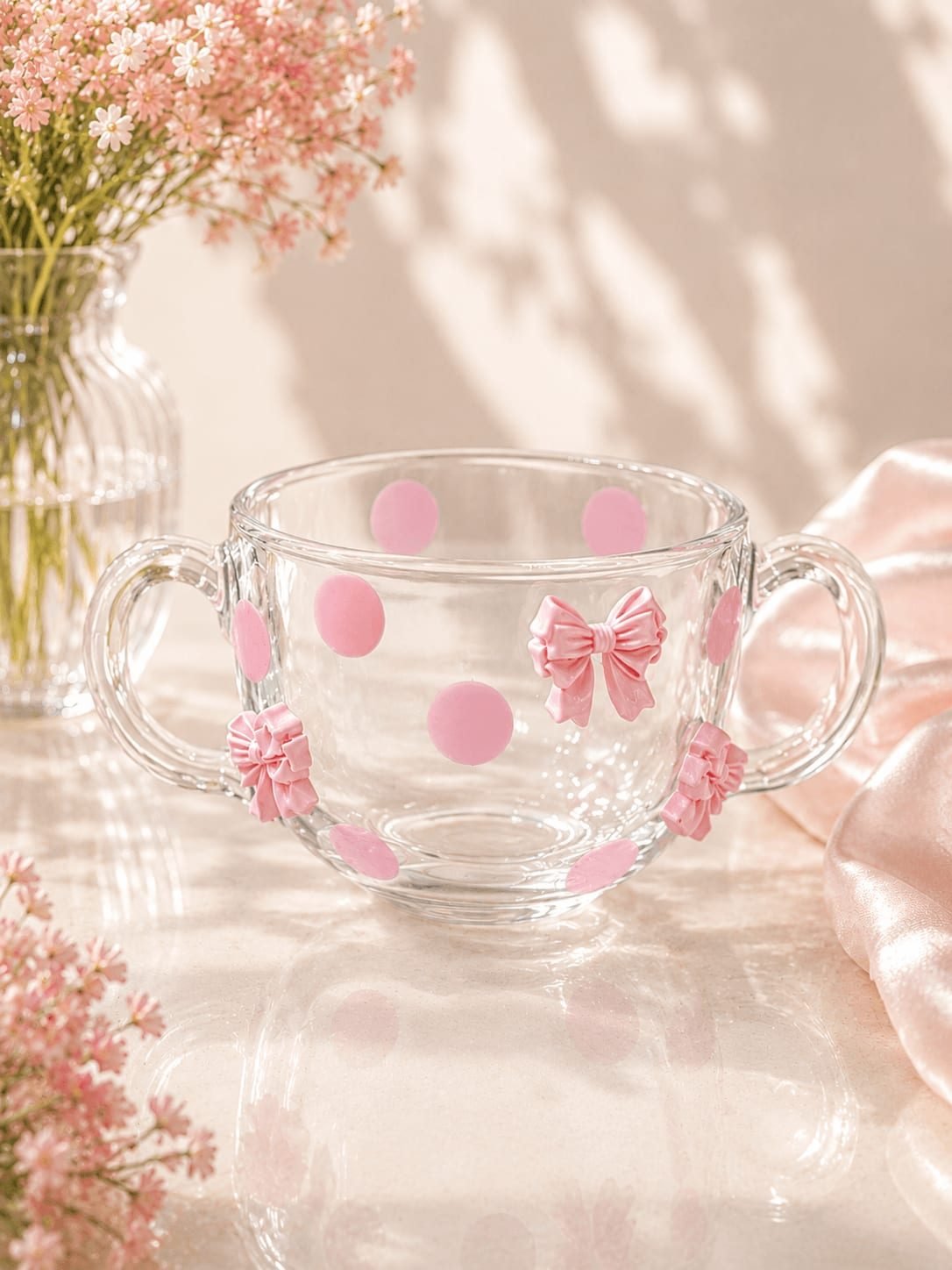 Caneca de Vidro Coquette com Duas Alças e Detalhes de Mini Laços Rosa