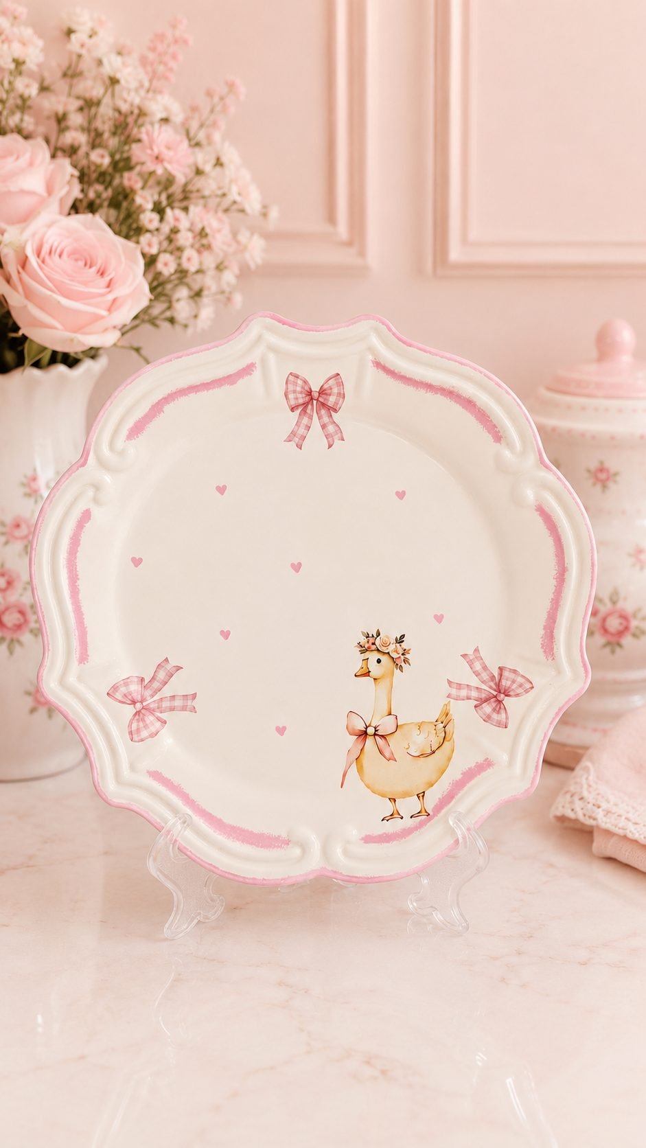 Prato Decorativo Pato Dourado com Laço Rosa