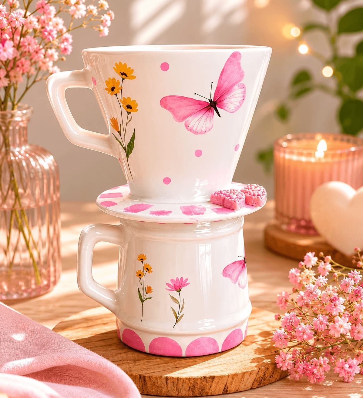 Kit Passador de Café e Caneca de Borboletas e Flores