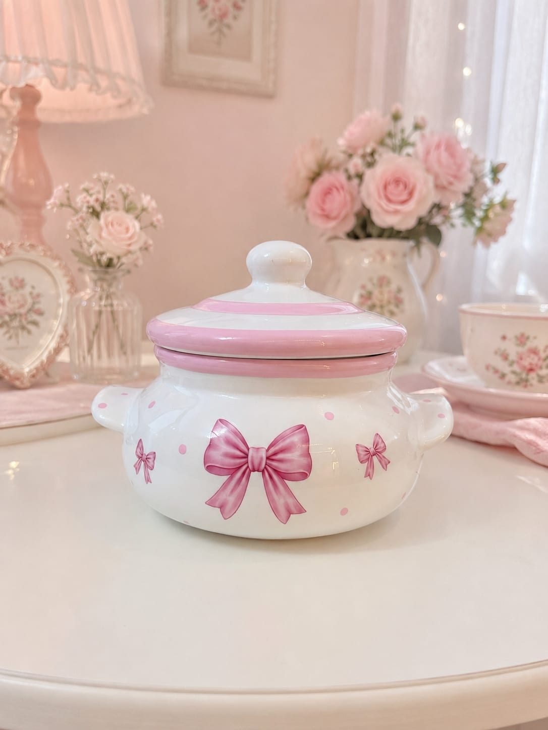 Mini Caçarola Decorativa de Cerâmica Laços e Poás Rosa
