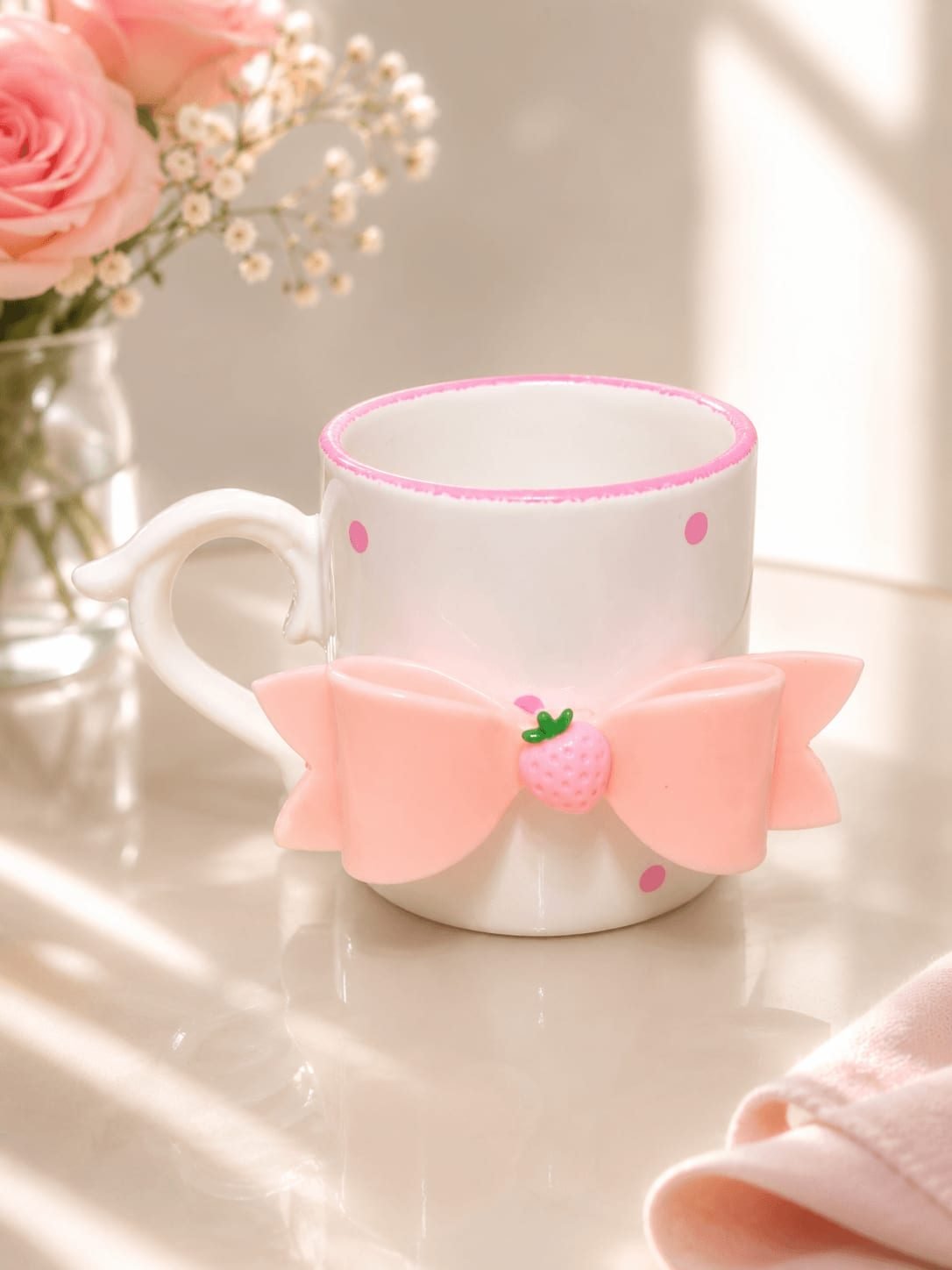 Caneca de Cerâmica Decorativa com Laço e Morango