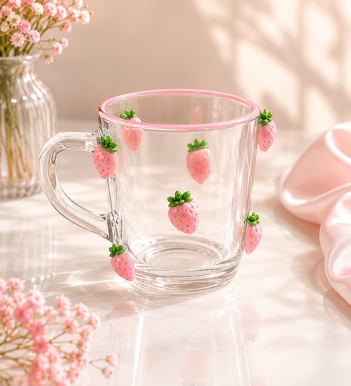Caneca de Vidro Transparente com Morangos 3D