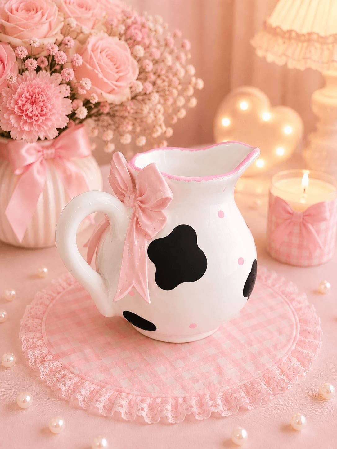 Leiteira Decorativa de Vaquinha com Laço Rosa