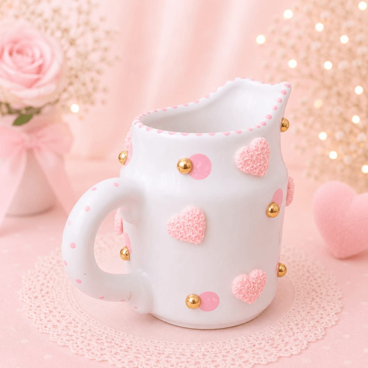 Jarra de Cerâmica Decorada com Corações Rosa e Dourado