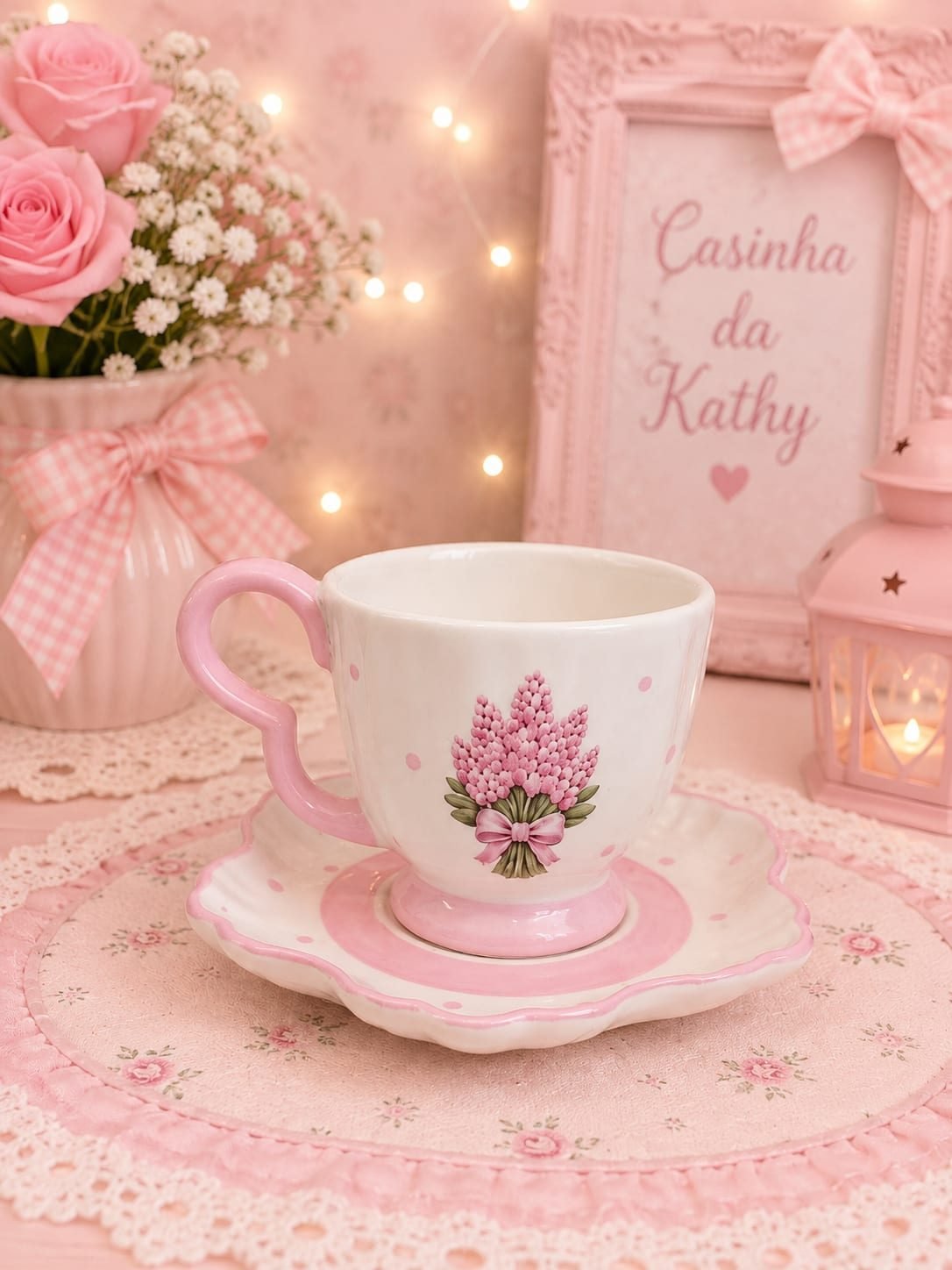 Conjunto Xícara chá e Pires Romântico Floral Rosa