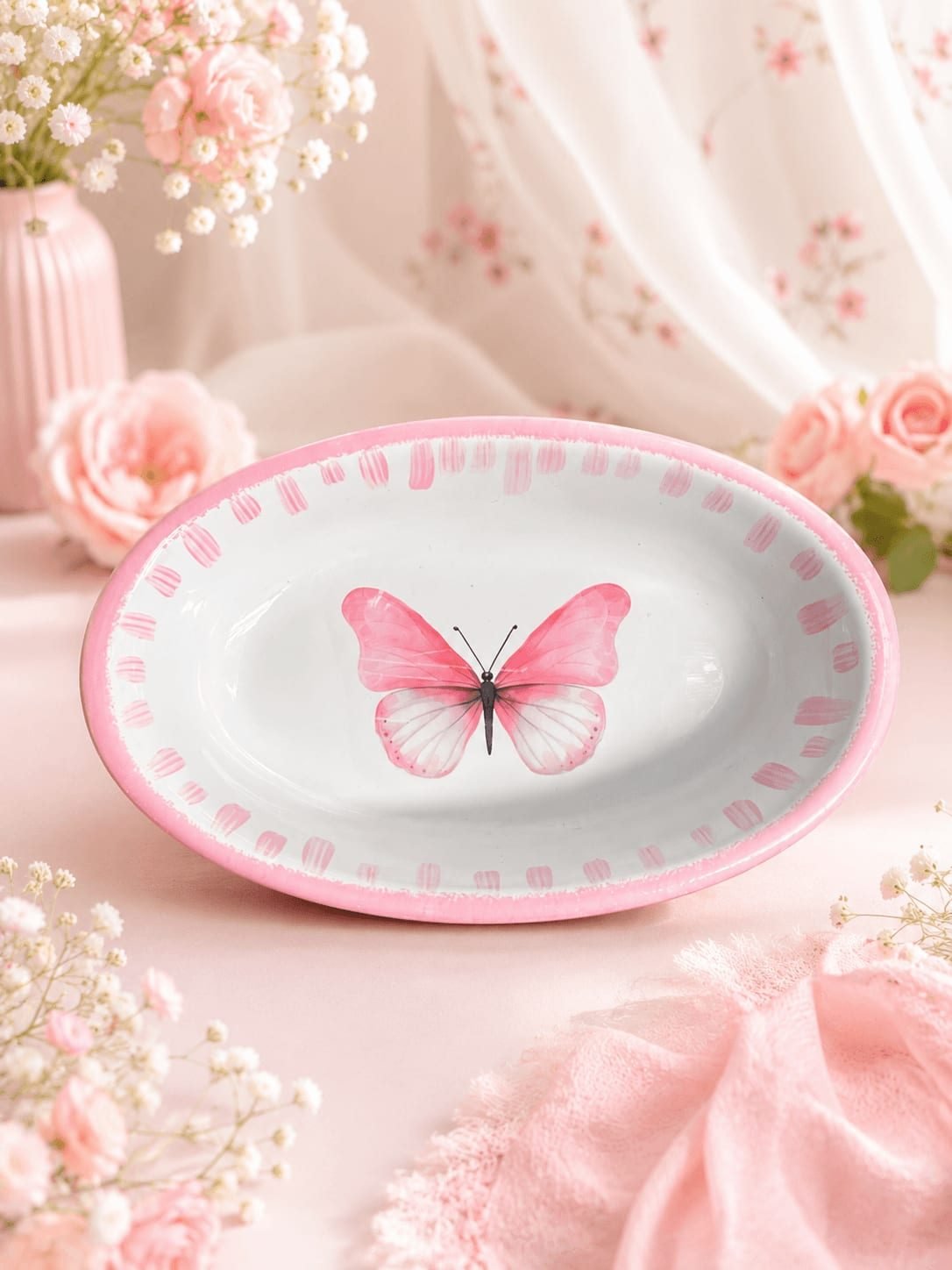 Travessa Oval funda Decorativa Borboleta Rosa