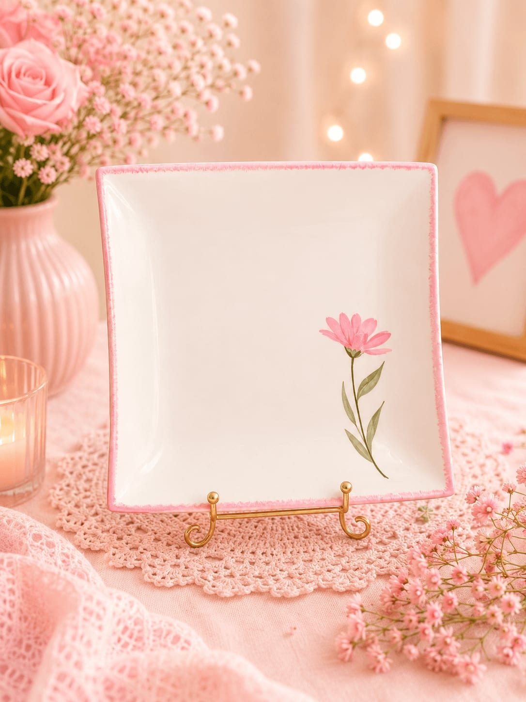 Prato de sobremesa Decorativo Quadrado Floral Rosa