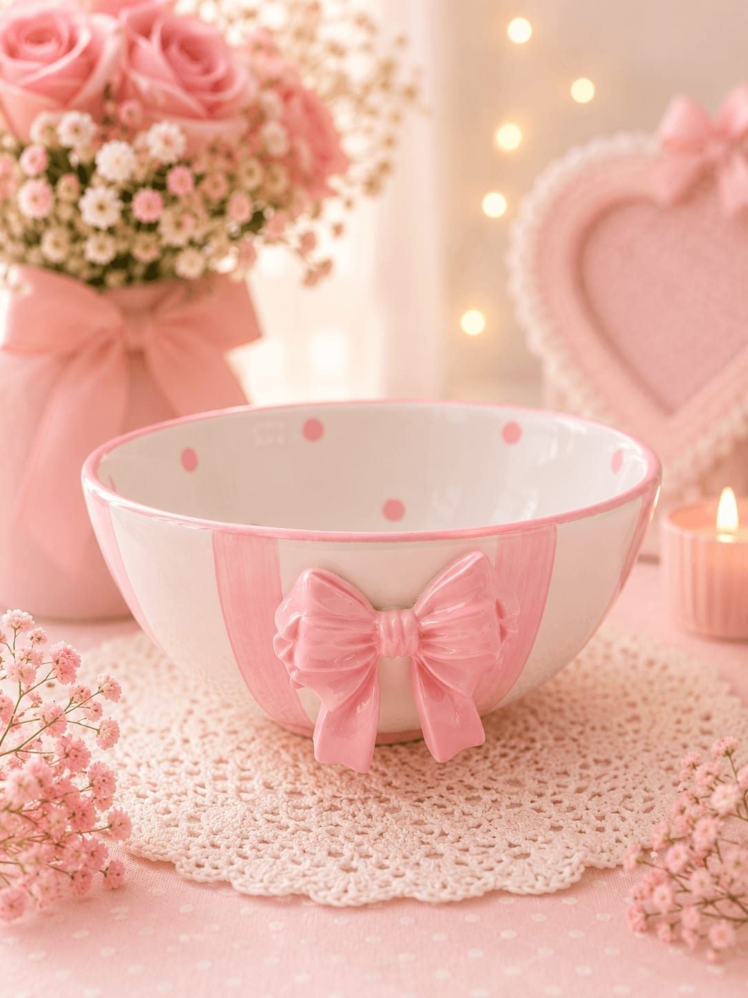 Bowl Decorativo Listrado com Bolinhas Rosa e Laço 3D